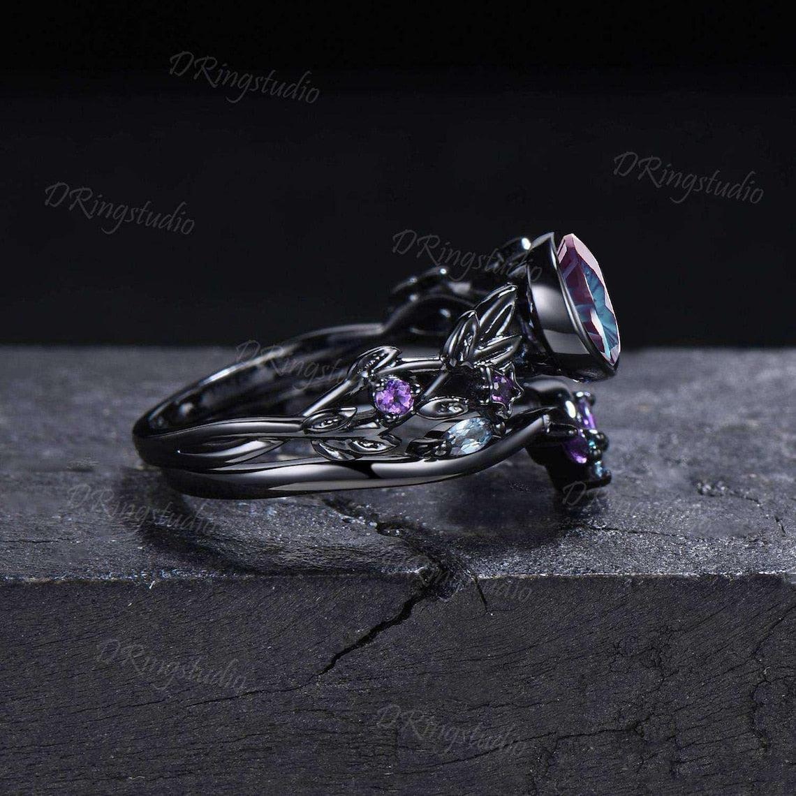 Color-Change Round Fireworks Cut Alexandrite Engagement Ring Crescent Moon Star Black Gold Leaf Vine Bridal Set Amethyst Wedding Ring Gift