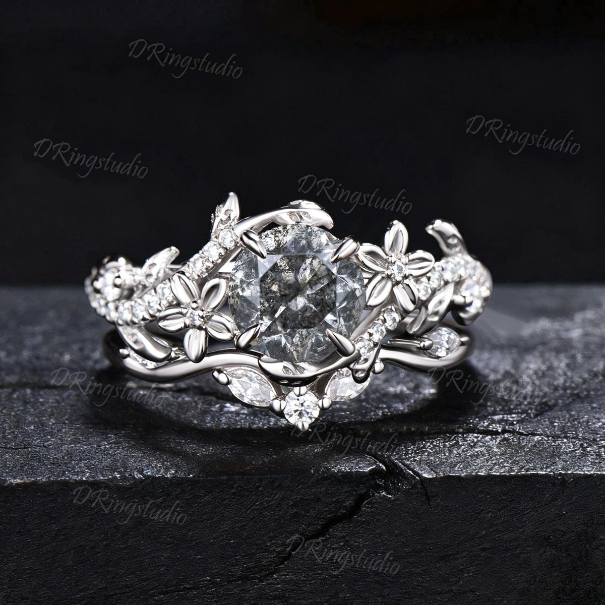 1ct Round Cut Natural Salt And Pepper Diamond Engagement Ring Set 14K Rose Gold Vine Floral Moissanite Stacking Ring For Alternative Women