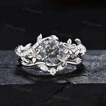 1ct Round Cut Natural Salt And Pepper Diamond Engagement Ring Set 14K Rose Gold Vine Floral Moissanite Stacking Ring For Alternative Women