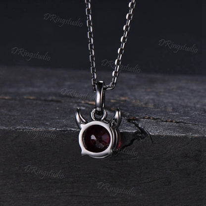 Devil pendant Unique 7mm Round Ruby Necklace Solid Black Gold Little Devil Red Gemstone Necklace July Birthstone Jewelry For Halloween