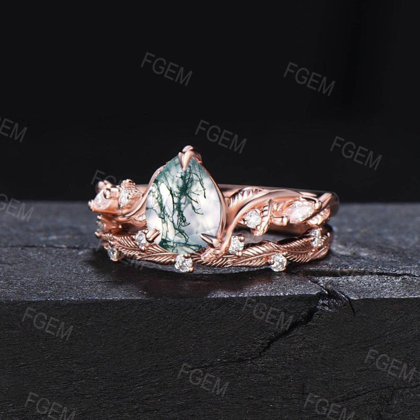 1.25ct Pear Green Moss Agate Bridal Set 14K Rose Gold Nature Inspired Natural Aquatic Agate Wedding Ring Twig Leaf Moissanite Diamond Rings