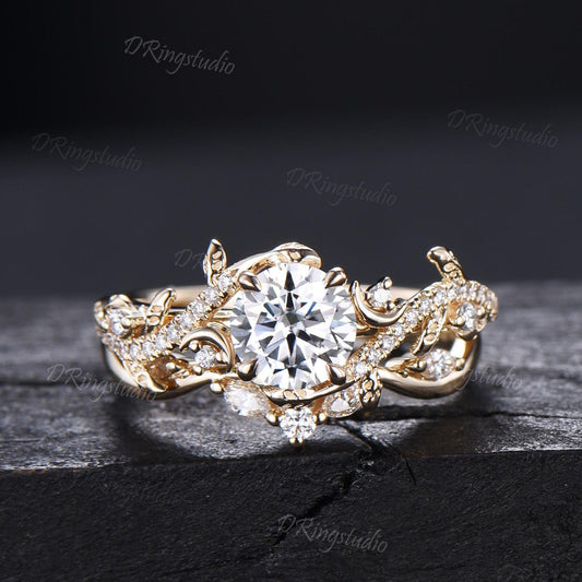 1ct Round Moissanite Wedding Ring Set Nature Inspired Moon Leaf Engagement Ring Set Solid 14k Yellow Gold Bridal Set Twig Ring Proposal Gift