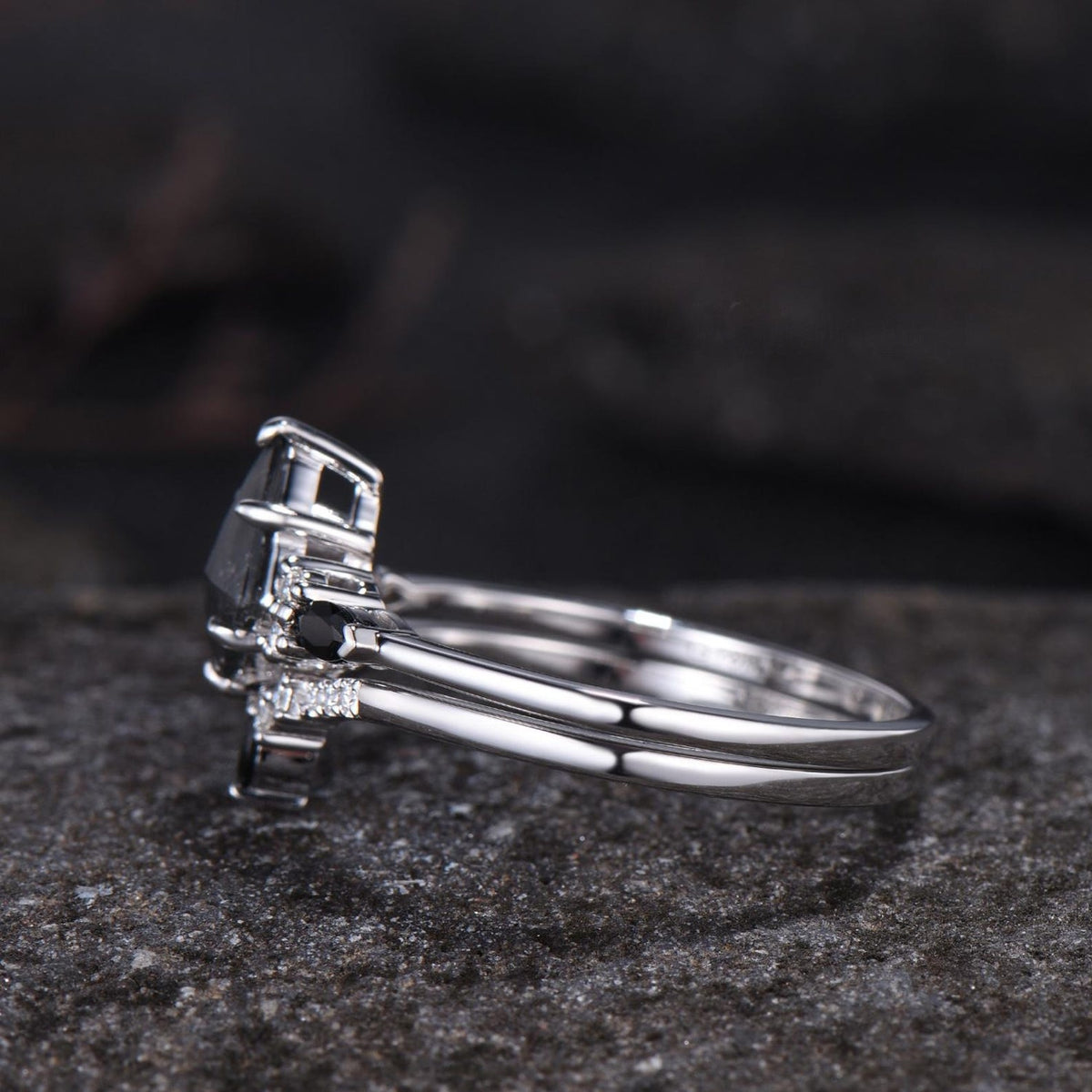 Natural Salt And Pepper Diamond Kite Cut Engagement Ring Set, Black Spinel Wedding Set, 14k White Gold Bridal Set, Gothic Ring For Women