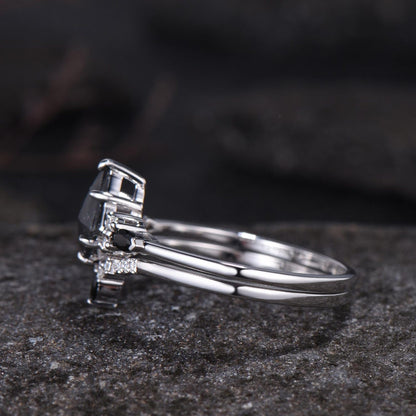 Natural Salt And Pepper Diamond Kite Cut Engagement Ring Set, Black Spinel Wedding Set, 14k White Gold Bridal Set, Gothic Ring For Women