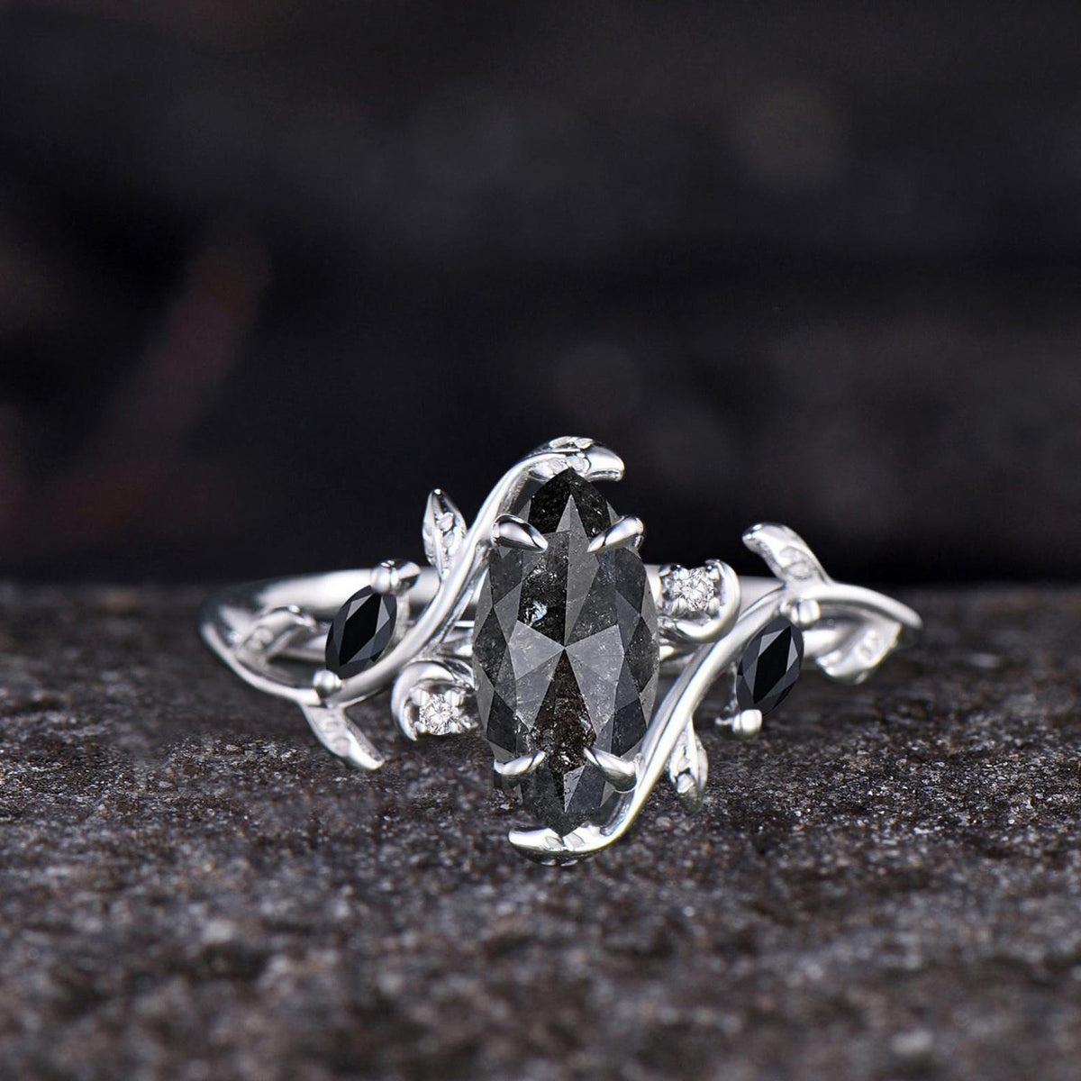 Marquise Cut Natural Salt And Pepper Diamond Engagement Ring Set Moon Vine 14k White Gold Black Spinel Bridal Wedding Ring Set
