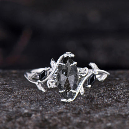 Marquise Cut Natural Salt And Pepper Diamond Engagement Ring Set Moon Vine 14k White Gold Black Spinel Bridal Wedding Ring Set
