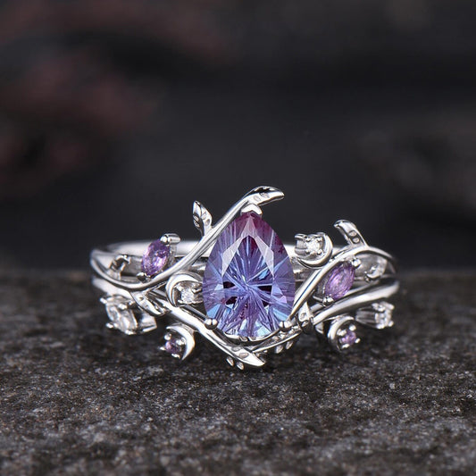 Vintage Firework Cut Alexandrite Pear Engagement Ring Vine Moon Nature Inspired Amethyst Leaf Crescent Bridal Ring Set Color Change Gemstone