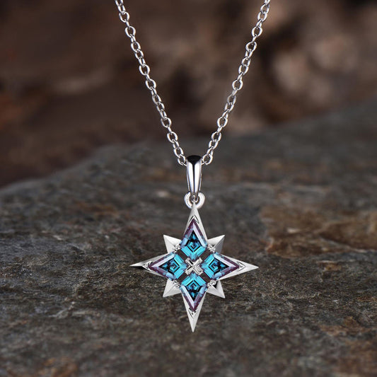Unique Kite Cut June Birthstone Alexandrite Necklace Dainty North Star Pendant Delicate Four Stone Celestial Necklace,Polaris Necklac