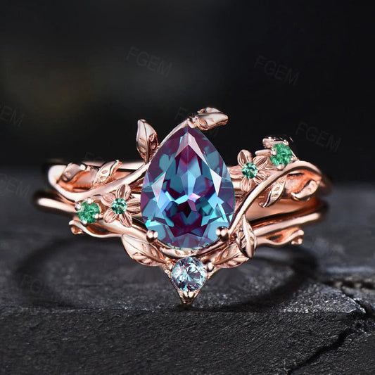 1.25CT Pear Nature Inspired Flower Color-Change Alexandrite Engagement Ring Branch Cluster Emerald Floral Wedding Ring Unique Promise Gifts