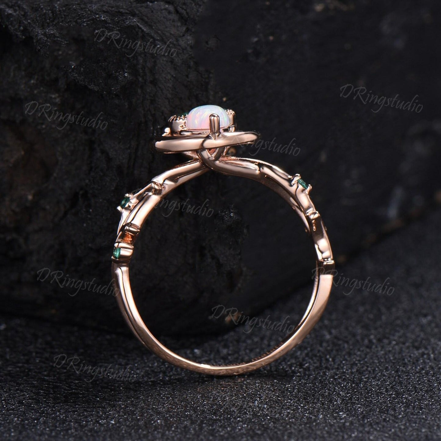 Nature Inspired Pear Cut White Opal Ring Cute Owl Engagement Ring Set Vintage Unique Crescent Moon Wedding Ring Green Emerald Wedding Ring