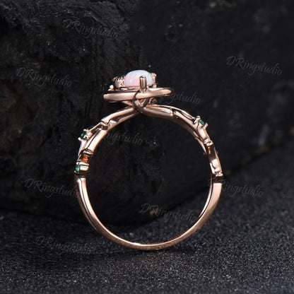 Nature Inspired Pear Cut White Opal Ring Cute Owl Engagement Ring Set Vintage Unique Crescent Moon Wedding Ring Green Emerald Wedding Ring