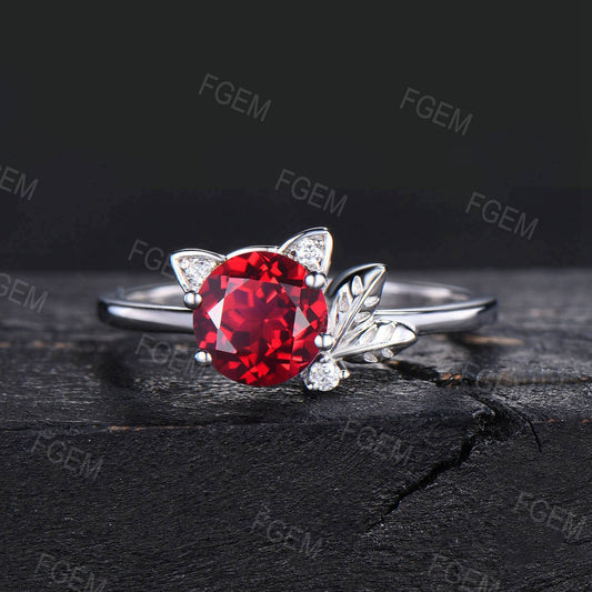 Cat Design Round Ruby Ring Unique Cat Ruby Moissanite Wedding Ring Nature Inspired Leaves Ring July Birthstone Jewelry Gift For Daughter