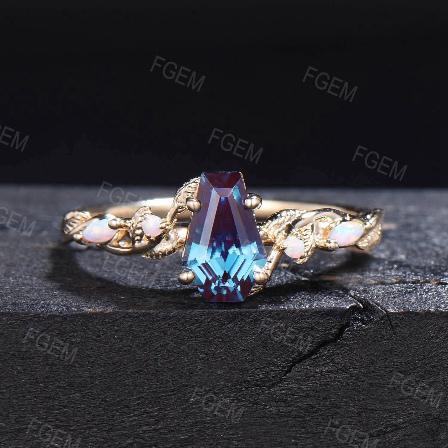 Coffin Cut Alexandrite Engagement Ring Branch Leaf White Opal Alexandrite Wedding Ring June Birthstone Jewelry Wedding Gift