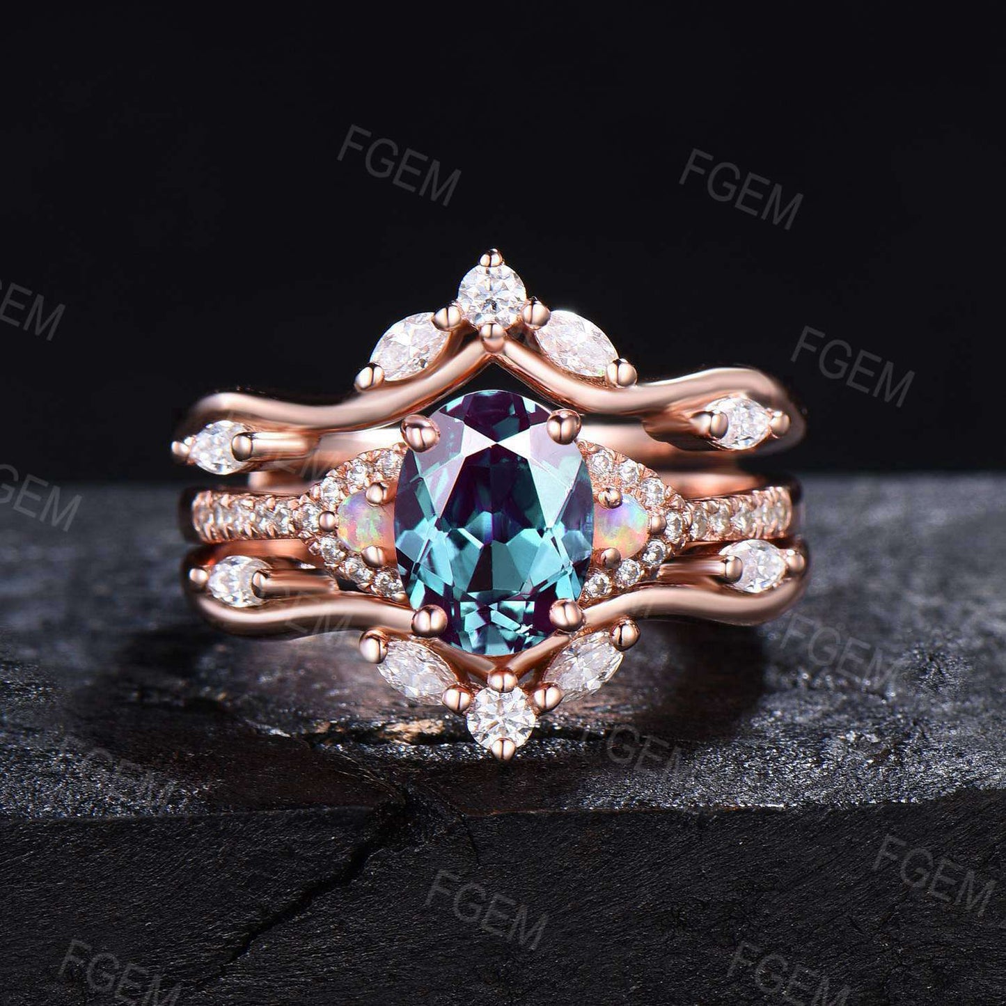 Oval Cut Alexandrite Engagement Ring Art Deco Moissanite Enhancer Guard Ring Set Half Eternity Wedding Ring June Birthstone Anniversary Gift