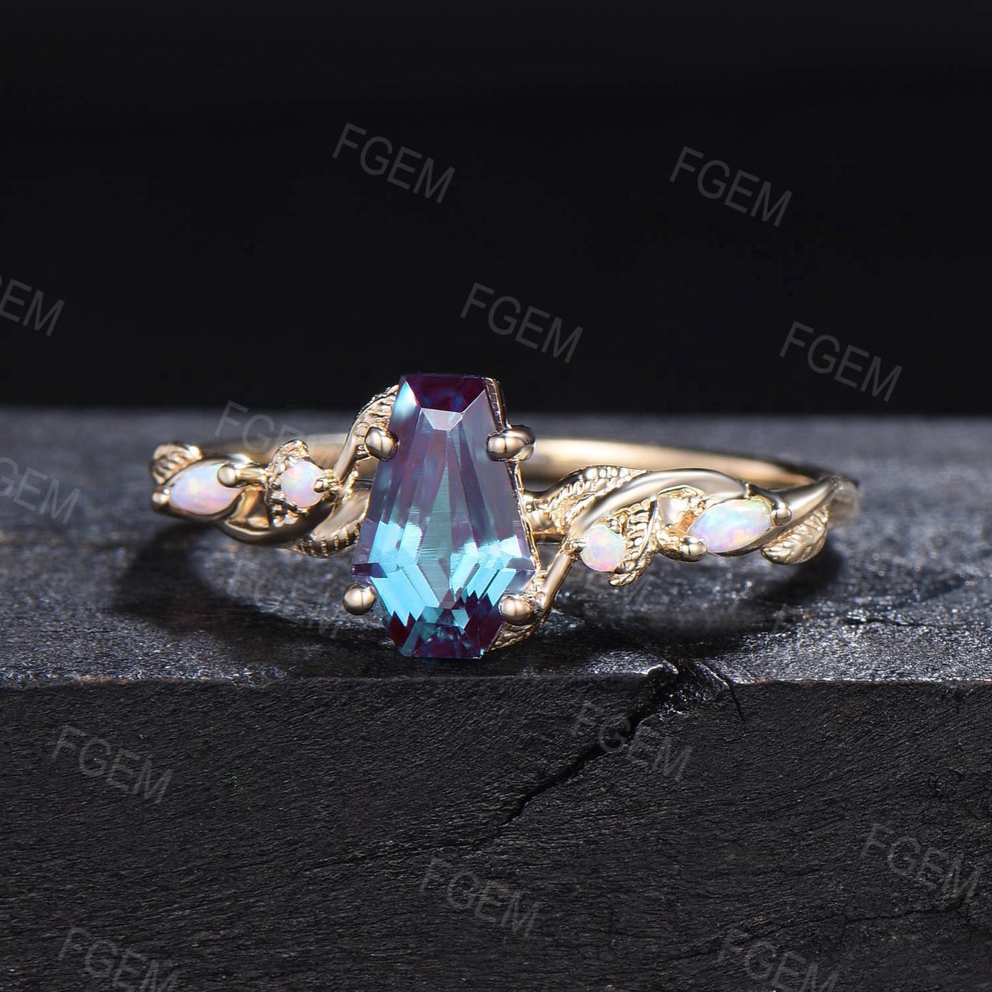 Coffin Cut Alexandrite Engagement Ring Branch Leaf White Opal Alexandrite Wedding Ring June Birthstone Jewelry Wedding Gift