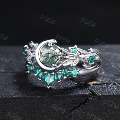 Art Deco Round Natural Moss Agate Engagement Ring Set Moon Leaf Nature Inspired Ring Sterling Silver Emerald Ring Celestial Moon Star Ring