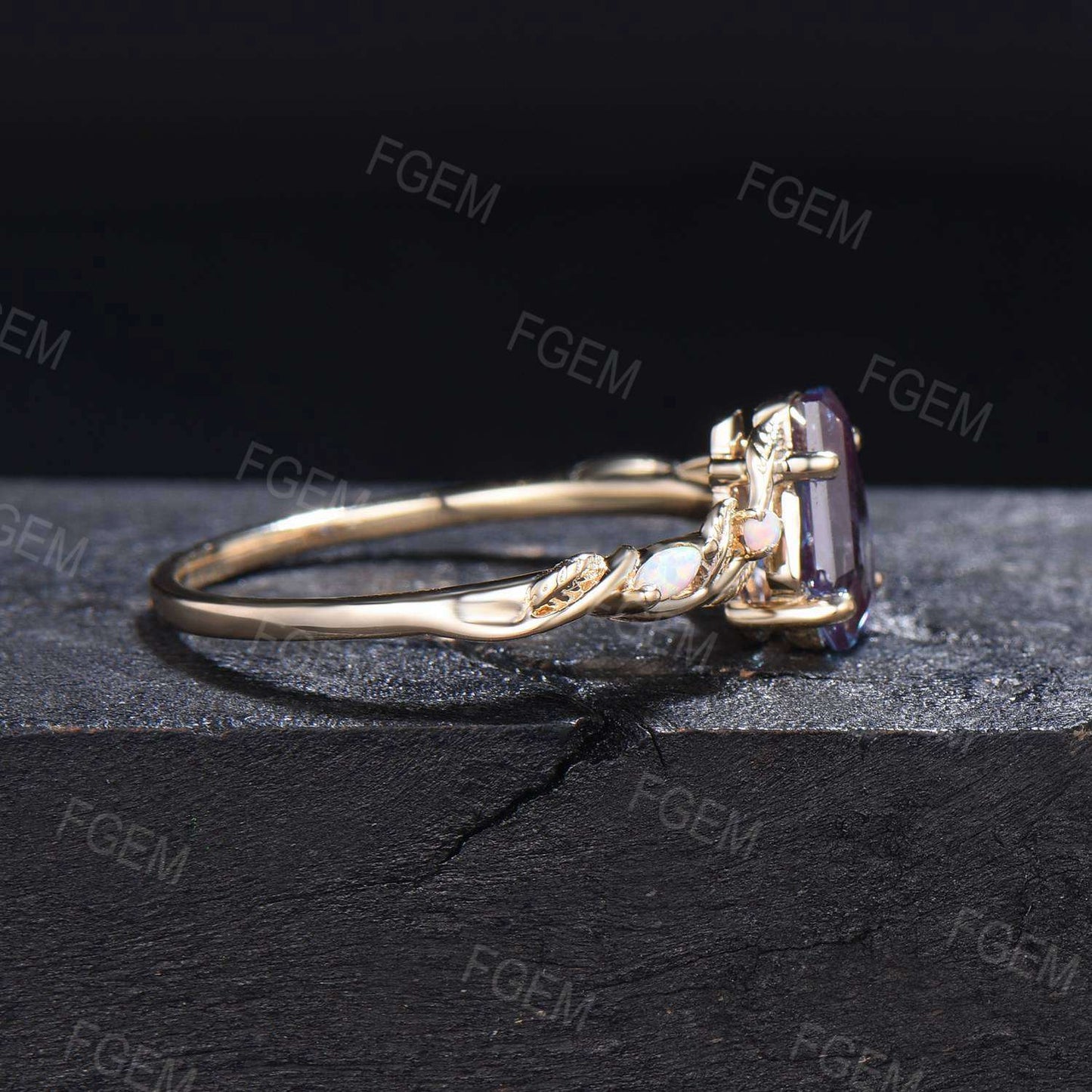 Coffin Cut Alexandrite Engagement Ring Branch Leaf White Opal Alexandrite Wedding Ring June Birthstone Jewelry Wedding Gift