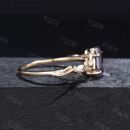 Coffin Cut Alexandrite Engagement Ring Branch Leaf White Opal Alexandrite Wedding Ring June Birthstone Jewelry Wedding Gift