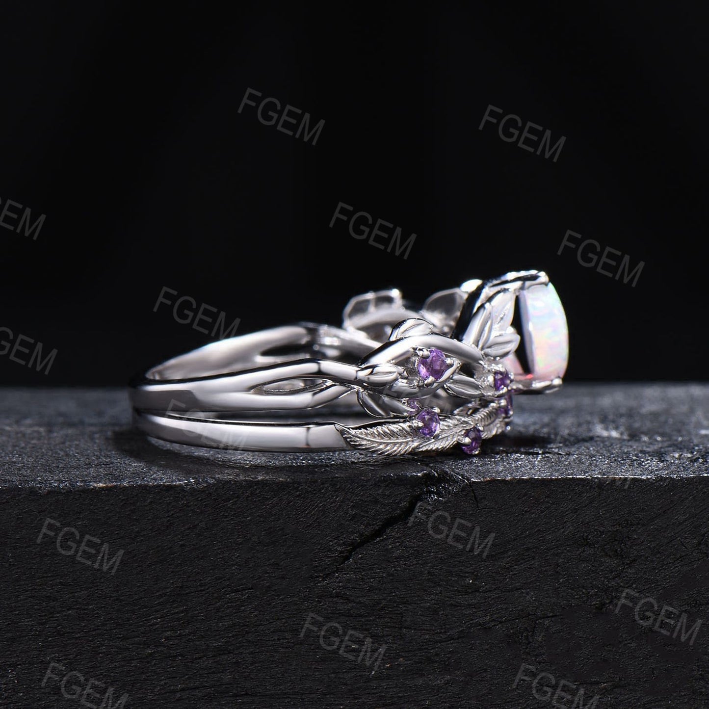 Twig Leaf Opal Engagement Ring Nature Inspired Amethyst Bridal Set Hexagon White Opal Wedding Ring October Birthstone Jewelry Proposal Gift