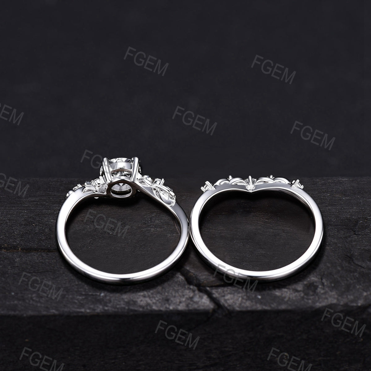 Natural Salt And Pepper Diamond Round Engagement Ring Set 14k White Gold Vine Twig Leaf Stacking Ring Unique Art Deco Bridal Promise Ring