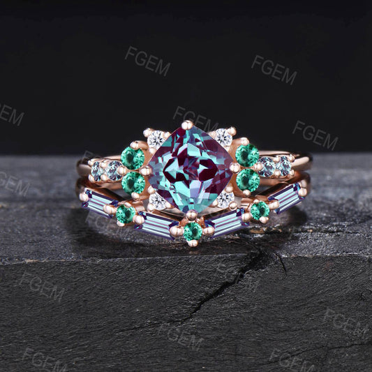 6mm Cushion Cut Alexandrite Emerald Engagement Ring Set Unique Baguette Band Snowdrift Cluster Bridal Set June Birthstone Jewelry Gift