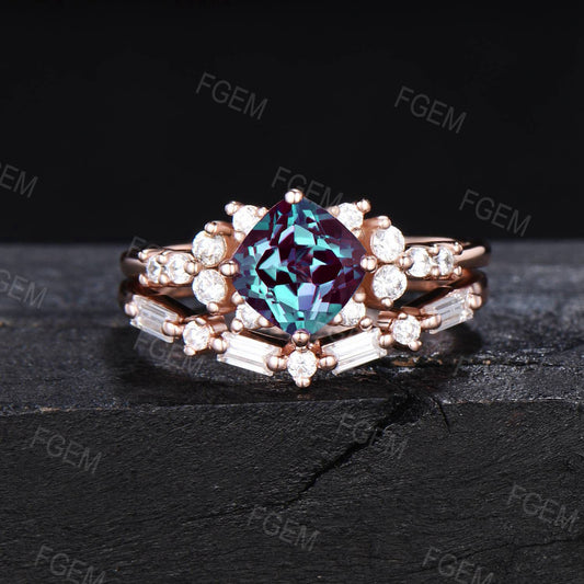 6mm Cushion Cut Alexandrite Engagement Ring Set Unique Baguette Moissanite Band Snowdrift Cluster Bridal Set June Birthstone Jewelry Gift