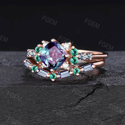 6mm Cushion Cut Alexandrite Emerald Engagement Ring Set Unique Baguette Band Snowdrift Cluster Bridal Set June Birthstone Jewelry Gift