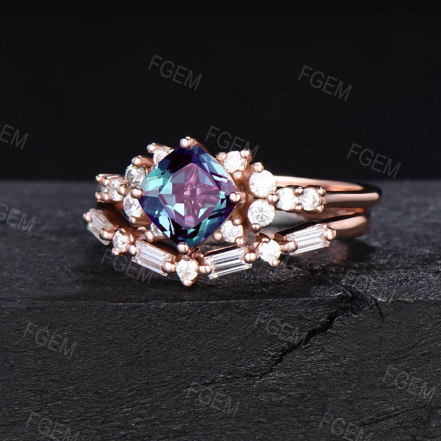 6mm Cushion Cut Alexandrite Engagement Ring Set Unique Baguette Moissanite Band Snowdrift Cluster Bridal Set June Birthstone Jewelry Gift