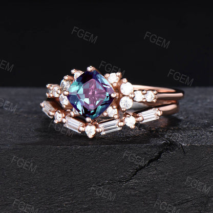 6mm Cushion Cut Alexandrite Engagement Ring Set Unique Baguette Moissanite Band Snowdrift Cluster Bridal Set June Birthstone Jewelry Gift