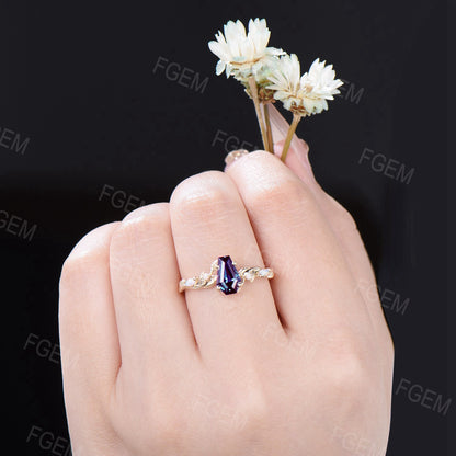 Coffin Cut Alexandrite Engagement Ring Branch Leaf White Opal Alexandrite Wedding Ring June Birthstone Jewelry Wedding Gift