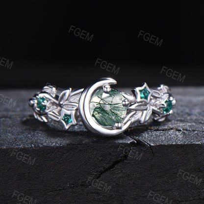 Art Deco Round Natural Moss Agate Engagement Ring Set Moon Leaf Nature Inspired Ring Sterling Silver Emerald Ring Celestial Moon Star Ring