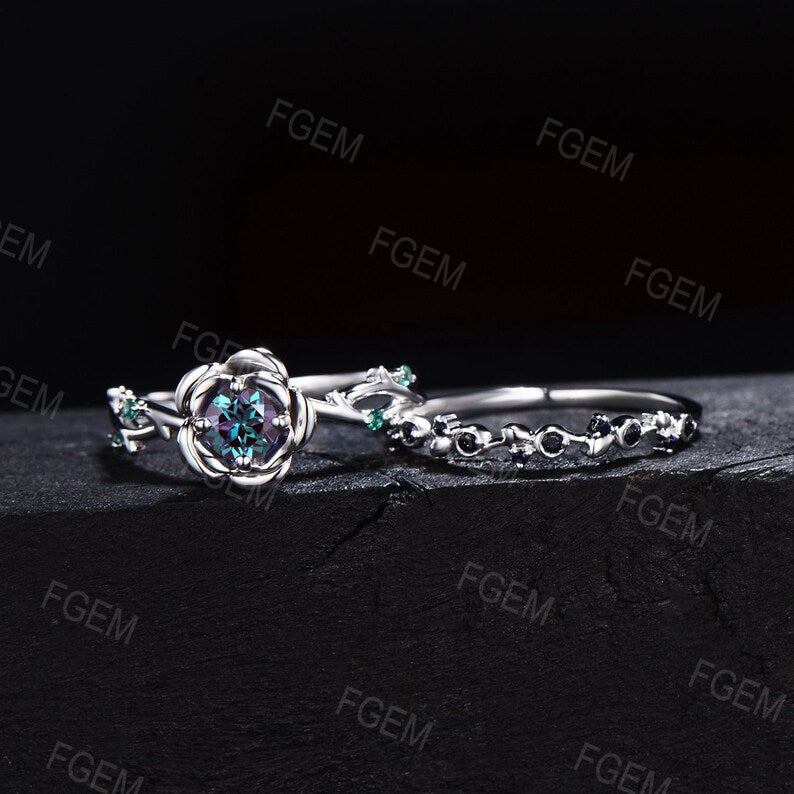 Rose Flower Color-Change Alexandrite Engagement Bridal Set Cluster Green Emerald Ring Twig Vine Floral Blue Sandstone Platinum Promise Ring