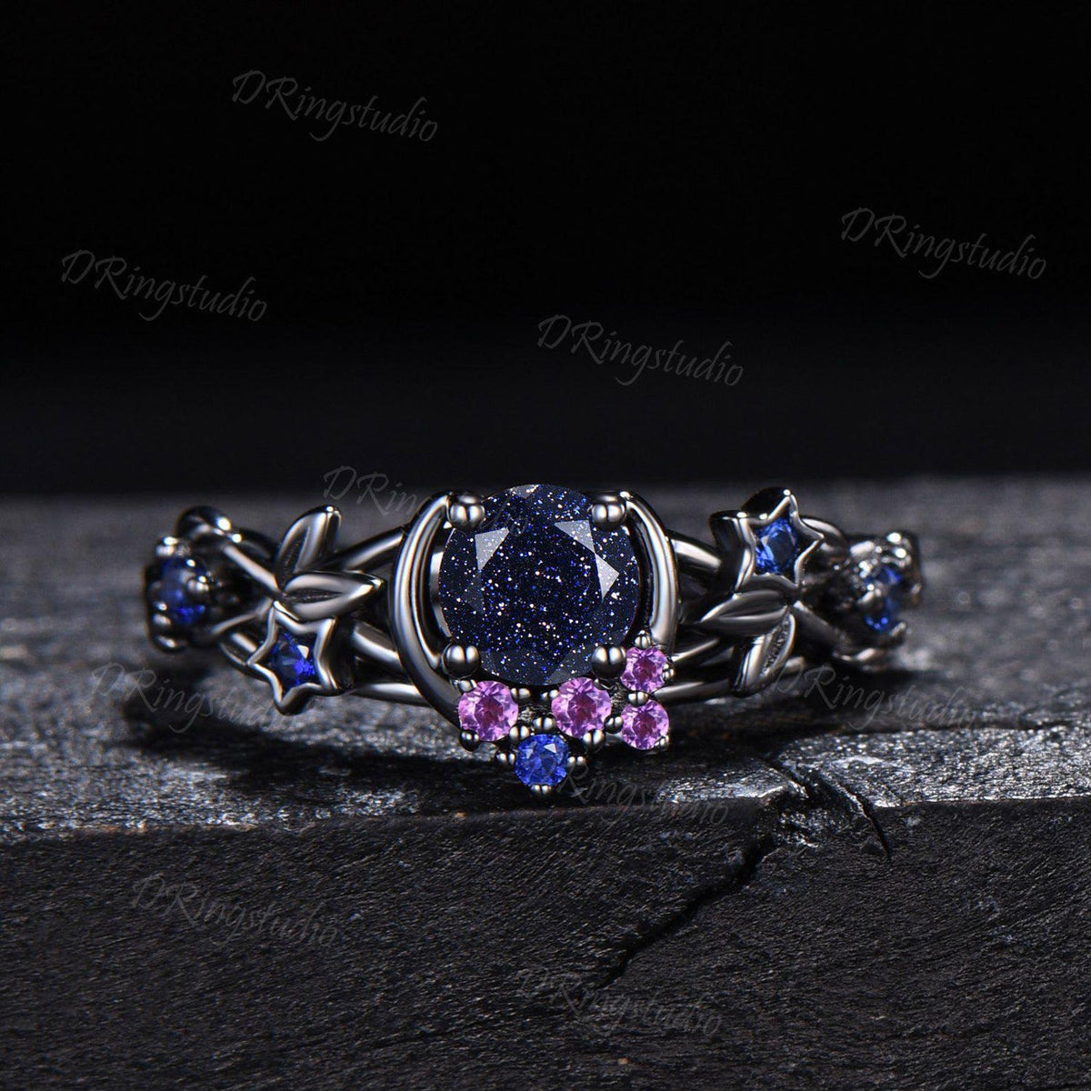 Blue Sandstone Moon Engagement Ring Set Gothic Black Gold Amethyst Sapphire Stacking Ring Nature Inspired Celtic knot Starry Promise Ring