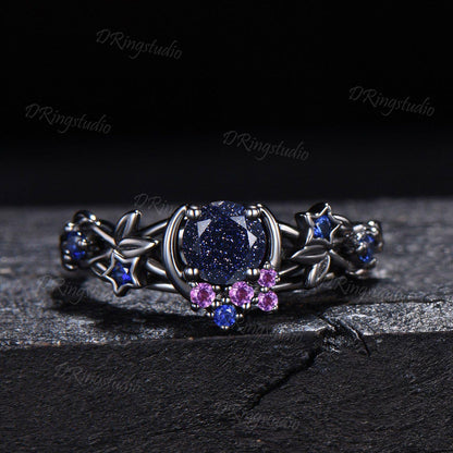 Blue Sandstone Moon Engagement Ring Set Gothic Black Gold Amethyst Sapphire Stacking Ring Nature Inspired Celtic knot Starry Promise Ring