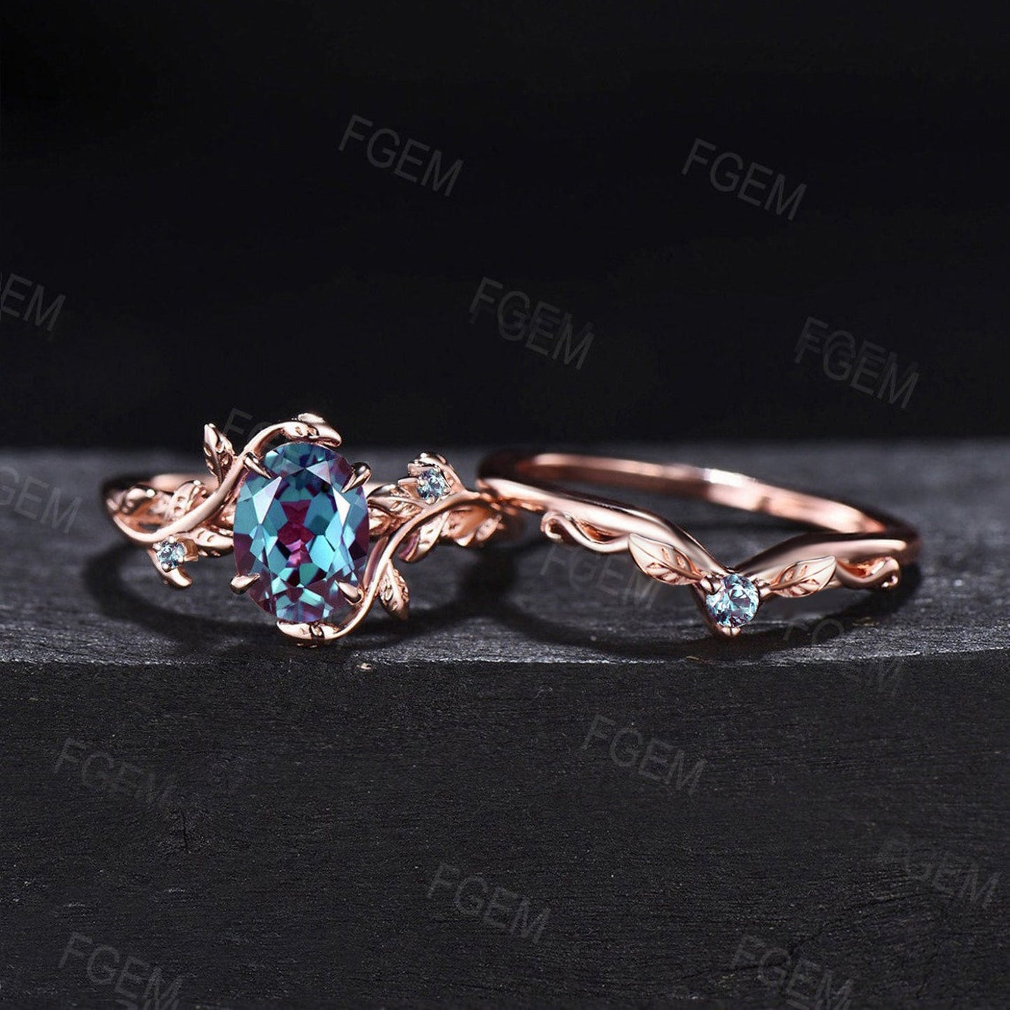 Branch Nature Alexandrite Ring Set 1.5ct Oval Cut Color-Change Alexandrite Engagement Ring June Birthstone Wedding Ring Twig Leaf Bridal Set