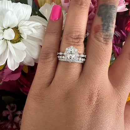 Vintage Moissanite engagement ring set unique white gold engagement ring women 2mm round cut wedding band Bridal Promise ring Platinum ring