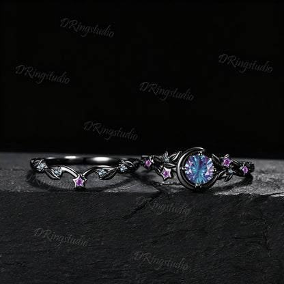 Color-Change Round Fireworks Cut Alexandrite Engagement Ring Crescent Moon Star Black Gold Leaf Vine Bridal Set Amethyst Wedding Ring Gift