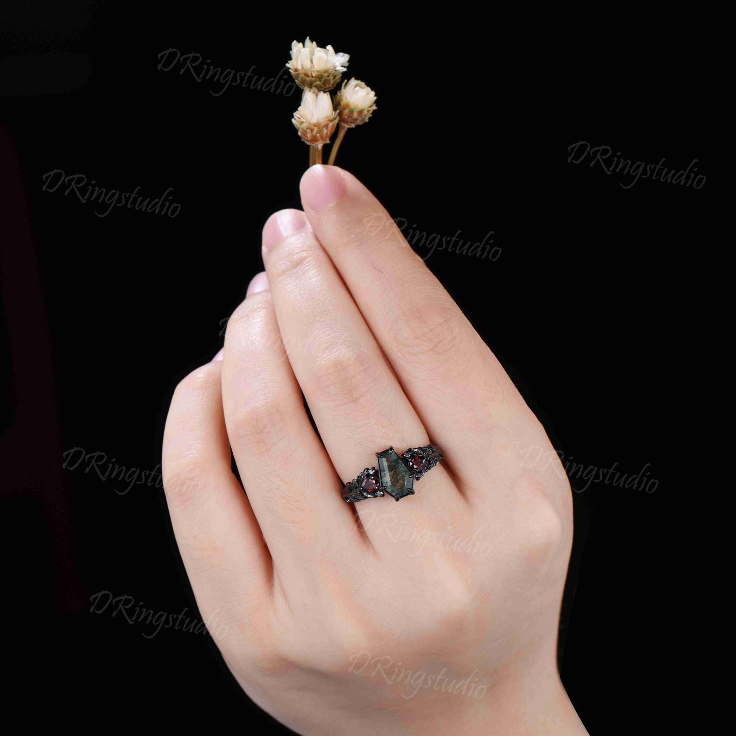 14K Black Gold Coffin Cut Natural Moss Agate Garnet Engagement Ring for Her Gothic Oak Leaf Inspired Cluster Promise Ring Proposal Gift