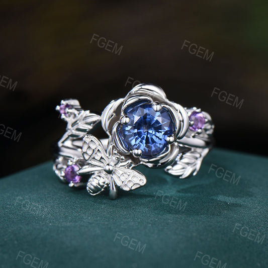 0.5ctw Natural Blue Sapphire Engagement Ring Honey Bee Rose Flower Engagement Ring Nature Inspired Leaf Floral Round Sapphire Amethyst Ring