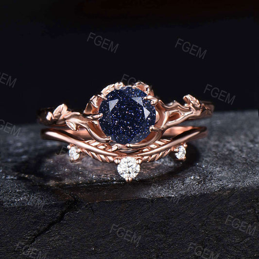 Branch Leaf Engagement Ring 1ct Round Galaxy Blue Sandstone Ring Twig Blue Goldstone Solitaire Wedding Ring Nature Inspired Ring Women Gifts