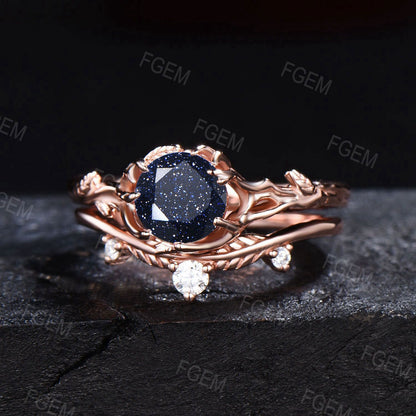 Branch Leaf Engagement Ring 1ct Round Galaxy Blue Sandstone Ring Twig Blue Goldstone Solitaire Wedding Ring Nature Inspired Ring Women Gifts