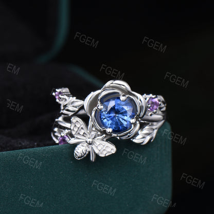 0.5ctw Natural Blue Sapphire Engagement Ring Honey Bee Rose Flower Engagement Ring Nature Inspired Leaf Floral Round Sapphire Amethyst Ring