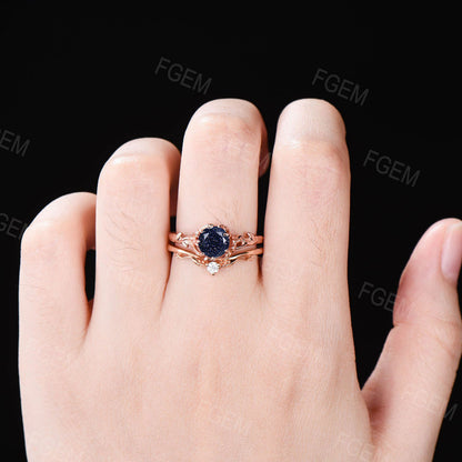 Branch Leaf Engagement Ring 1ct Round Galaxy Blue Sandstone Ring Twig Blue Goldstone Solitaire Wedding Ring Nature Inspired Ring Women Gifts