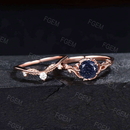 Branch Leaf Engagement Ring 1ct Round Galaxy Blue Sandstone Ring Twig Blue Goldstone Solitaire Wedding Ring Nature Inspired Ring Women Gifts