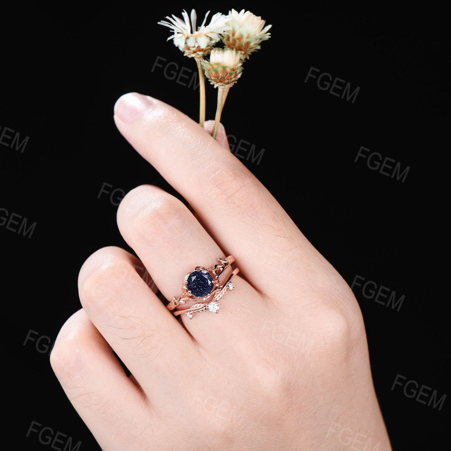 Branch Leaf Engagement Ring 1ct Round Galaxy Blue Sandstone Ring Twig Blue Goldstone Solitaire Wedding Ring Nature Inspired Ring Women Gifts