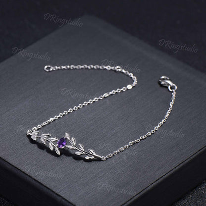 Nature inspired Pear Shaped Amethyst Bracelet Dainty Rose Gold Twig Leaf Vine Bracelet Art Deco Stackable Bracelet Birthday Gift For Women