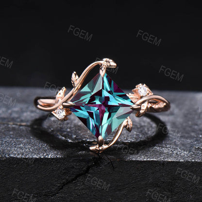 7mm Princess Cut Color-Change Alexandrite Moissanite Ring Set Nature Inspired Branch Leaf Alexandrite Engagement Ring Anniversary Gift for Women