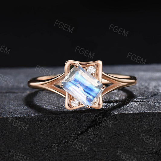 Emerald Shaped Natural Rainbow Moonstone Engagement Ring Split Shank Wedding Ring Art Deco Rose Gold Moissanite Ring Anniversary Women Gift