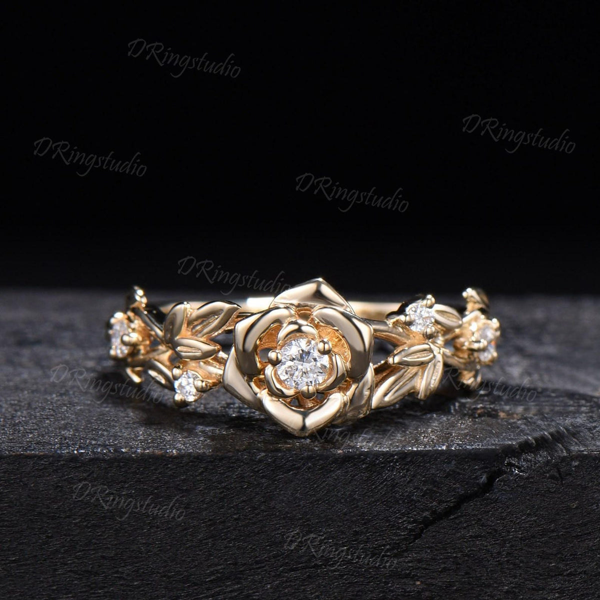 Nature inspired Round Diamond Engagement Ring Floral Wedding Ring Rose Gold Moissanite Ring Leaf Branch Bridal Set Anniversary Gift for Her