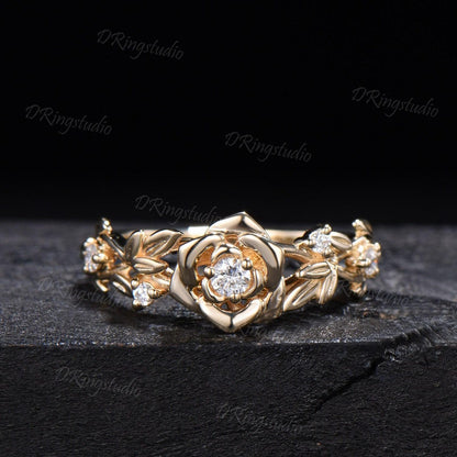 Nature inspired Round Diamond Engagement Ring Floral Wedding Ring Rose Gold Moissanite Ring Leaf Branch Bridal Set Anniversary Gift for Her